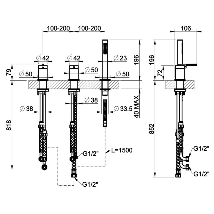Bateria wannowa 3-otworowa Gessi Anello, do stosowania z napełnieniem przez przelew, stojąca, 2 wyjścia wody, zestaw natryskowy,