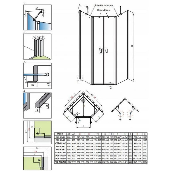 Front do kabiny prysznicowej Radaway Nes 8 KDS I 140,  drzwi prawe, szkło przejrzyste, 1400x2000mm, profil chrom