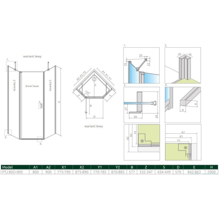 Kabina prysznicowa asymetryczna Radaway Essenza New PTJ 80x90, szkło przejrzyste, 800x900 mm, drzwi lewe, profil chrom