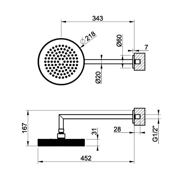 Deszczownica Gessi Anello, okrągła, 218mm, regulowana, z ramieniem ściennym 343mm, chrom