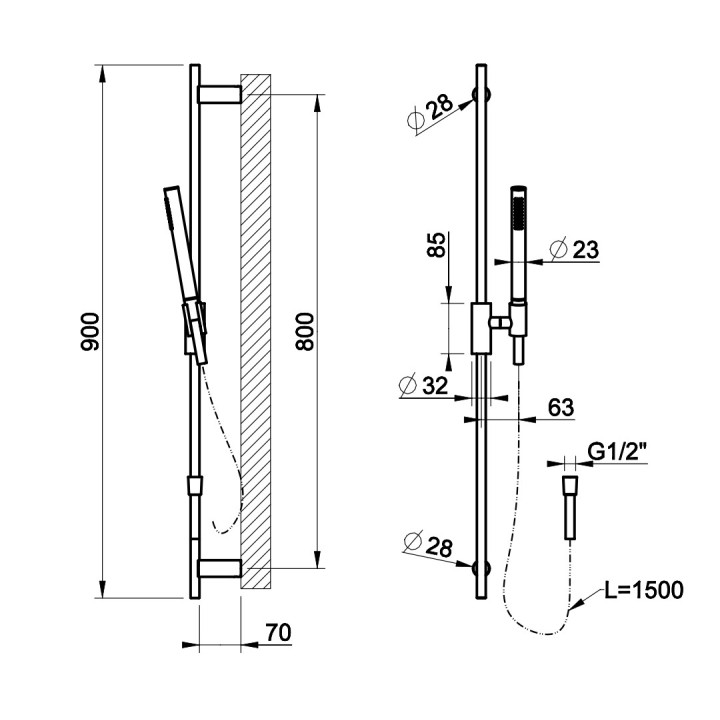 Drążek prysznicowy Gessi Ingranaggio, z słuchawką 1-funkcyjną, wężem i przyłączem kątowym, chrom