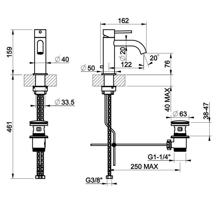 Bateria umywalkowa Gessi Ingranaggio, stojąca, wysokość 175mm, korek automatyczny, chrom