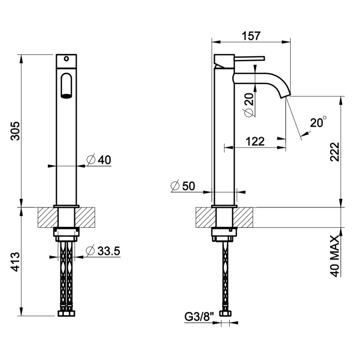 Bateria umywalkowa Gessi Flessa, stojąca, wysokość 305mm, krótka wylewka, korek automatyczny, stal szczotkowana