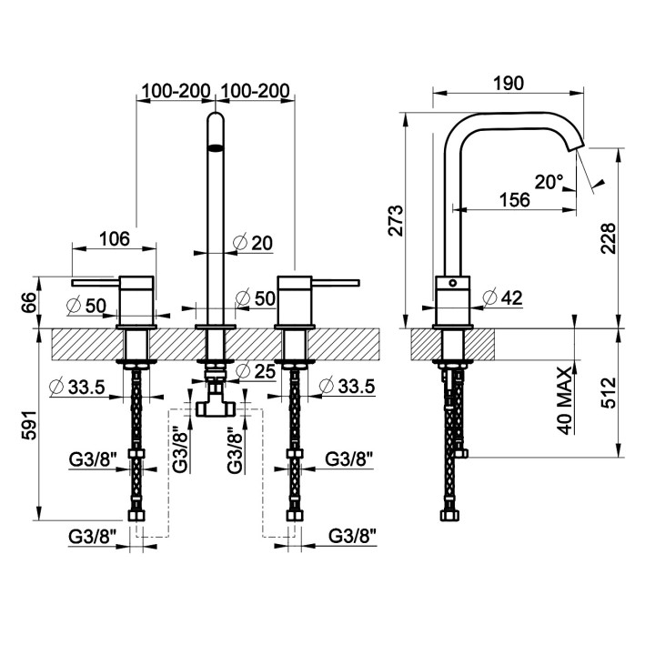 Bateria umywalkowa Gessi Flessa, stojąca, wysokość 305mm, długa wylewka, bez korka, stal szczotkowana