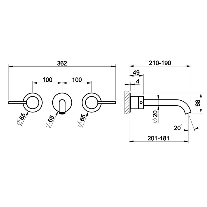 Bateria umywalkowa Gessi Flessa, podtynkowa, 3-otworowa, krótka wylewka, stal szczotkowana