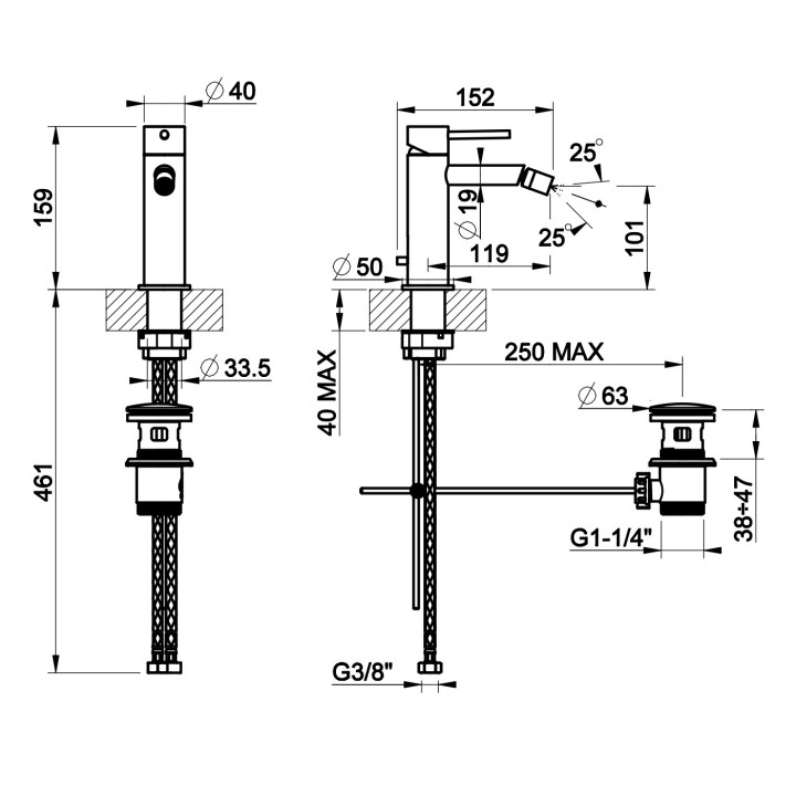 Bateria umywalkowa Gessi Flessa, stojąca, wysokość 159mm, korek automatyczny, stal szczotkowana