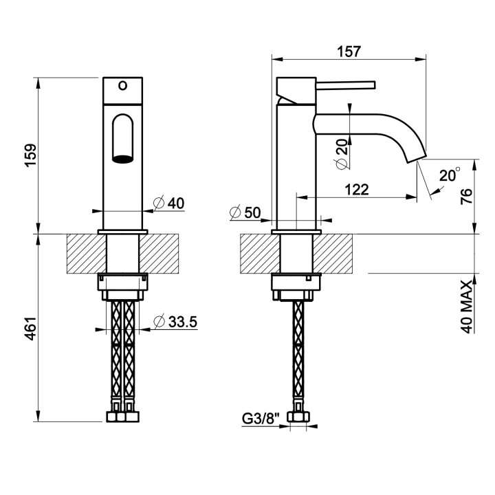 Bateria umywalkowa Gessi Trame, stojąca, wysokość 159mm, korek automatyczny, stal szczotkowana