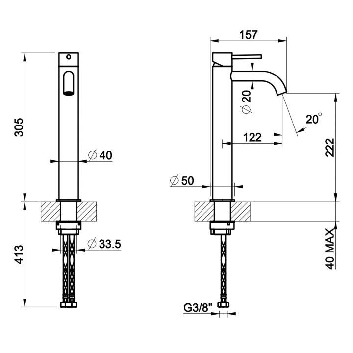 Bateria umywalkowa Gessi Trame, stojąca, wysokość 305mm, krótka wylewka,  korek automatyczny, stal szczotkowana