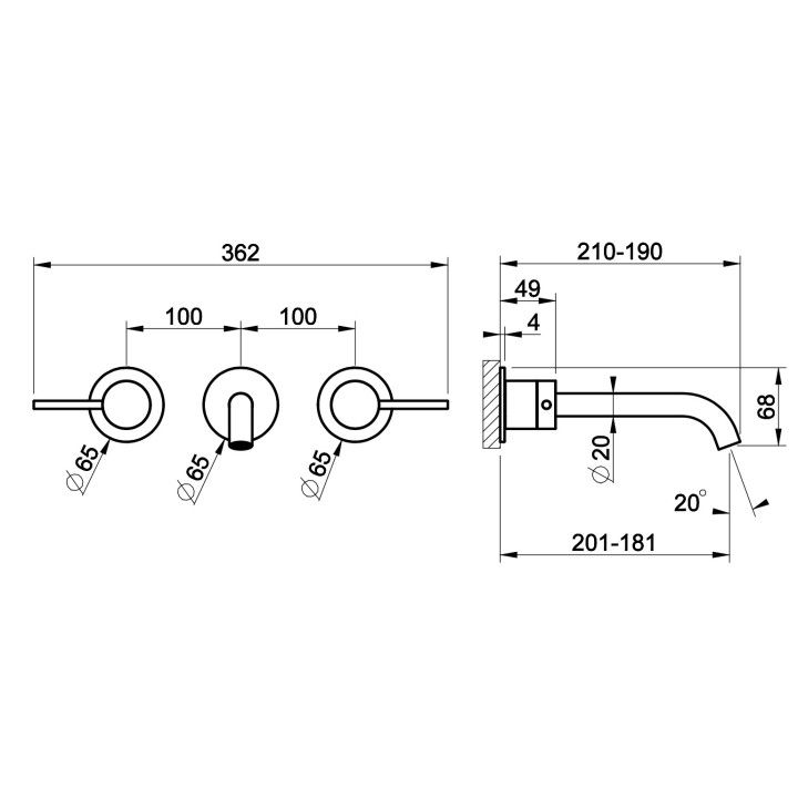 Bateria umywalkowa Gessi Trame, podtynkowa, 3-otworowa, krótka wylewka, stal szczotkowana