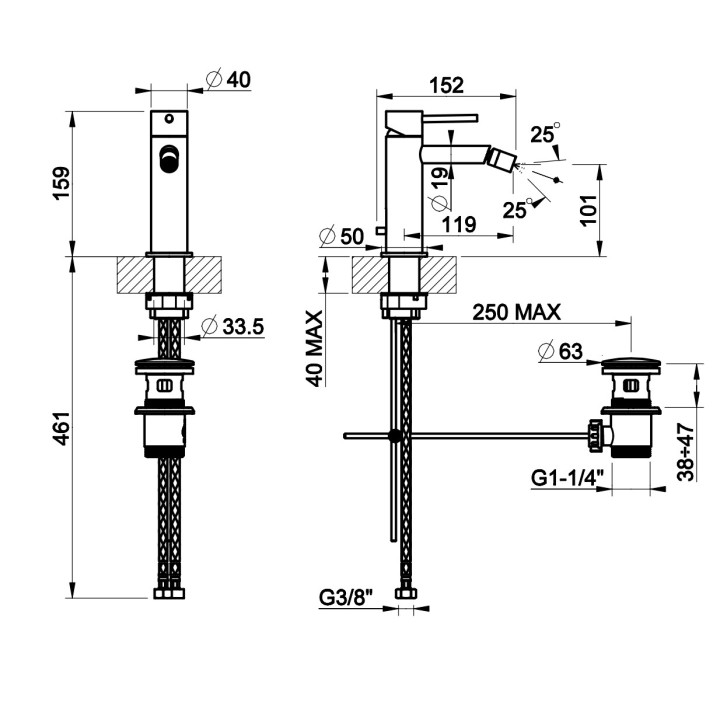 Bateria bidetowa Gessi Flessa, stojąca, wysokość 159mm, korek automatyczny, stal szczotkowana