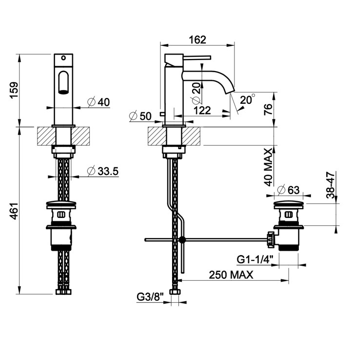 Bateria umywalkowa Gessi Intreccio, stojąca, wysokość 159mm, korek automatyczny - stal szczotkowana
