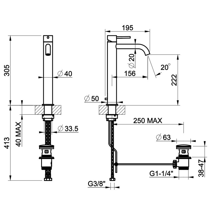Bateria umywalkowa Gessi Intreccio, stojąca, wysokość 305mm, krótka wylewka, korek automatyczny, stal szczotkowana