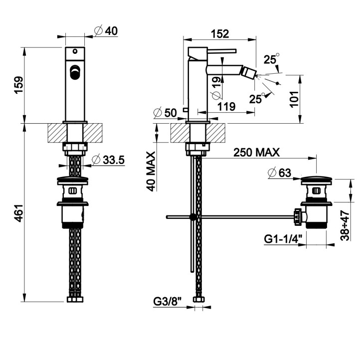 Bateria bidetowa Gessi Trame, stojąca, wysokość 159mm, korek automatyczny, stal szczotkowana