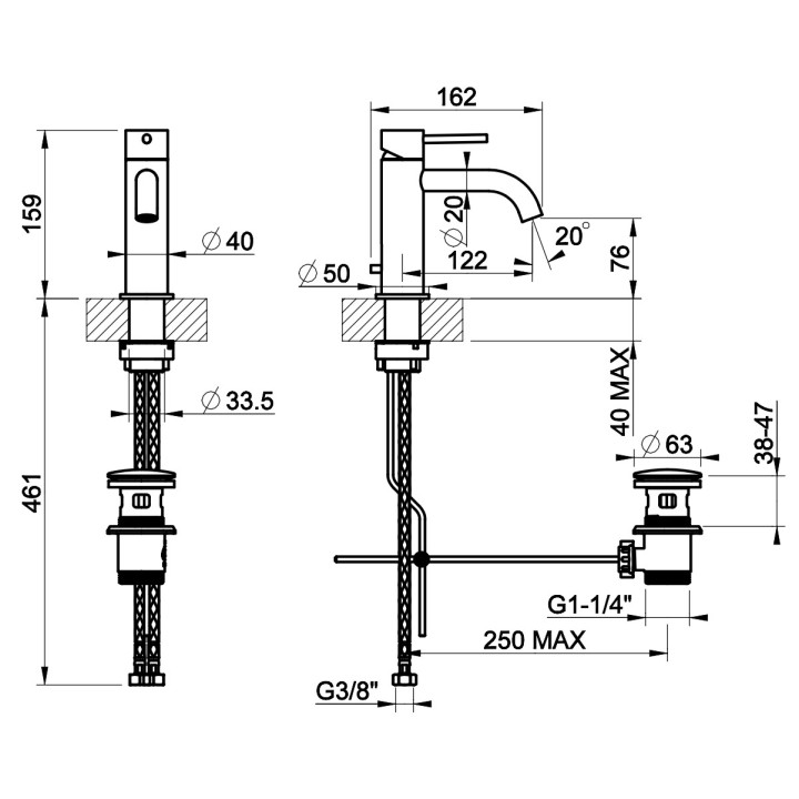 Bateria umywalkowa Gessi Intreccio, stojąca, wysokość 159mm, korek automatyczny, stal szczotkowana