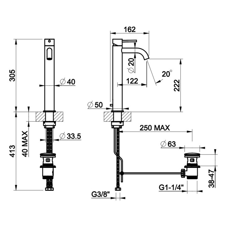 Bateria umywalkowa Gessi Meccanica, stojąca, wysokość 159mm, korek automatyczny, stal szczotkowana