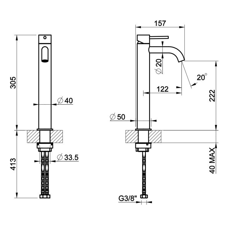 Bateria umywalkowa Gessi Meccanica, stojąca, wysokość 305mm, krótka wylewka, korek automatyczny, stal szczotkowana