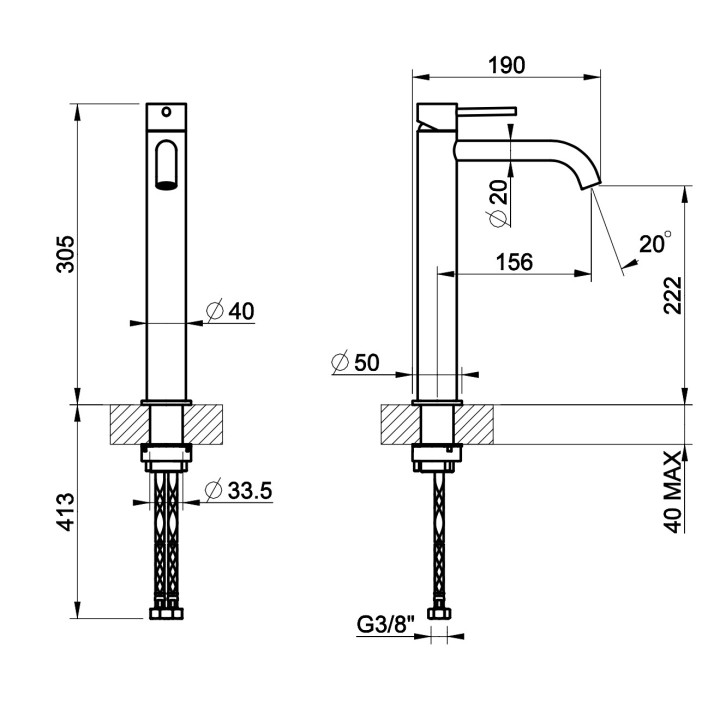 Bateria umywalkowa Gessi Meccanica, stojąca, wysokość 305mm, długa wylewka, korek automatyczny, stal szczotkowana