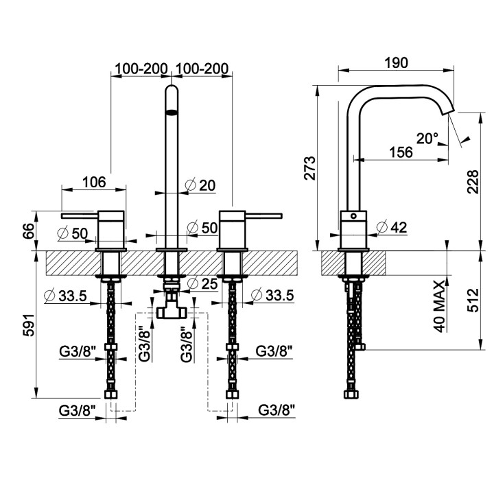 Bateria umywalkowa 3-otworowa Gessi Intreccio, stojąca, wysokość 273mm, bez korka, stal szczotkowana
