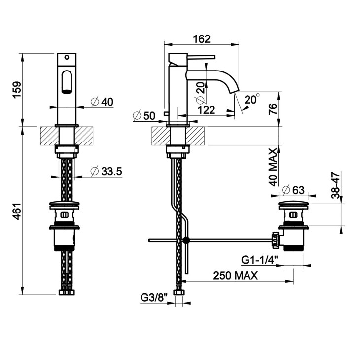 Bateria umywalkowa Gessi Meccanica, stojąca, wysokość 159mm, korek automatyczny, stal szczotkowana