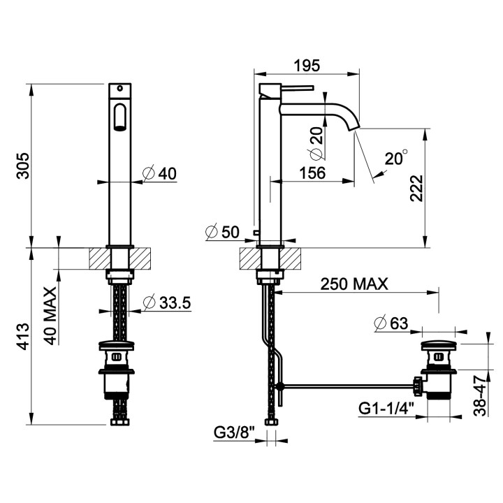 Bateria umywalkowa Gessi Cesello, stojąca, wysokość 305mm, krótka wylewka, korek automatyczny, stal szczotkowana