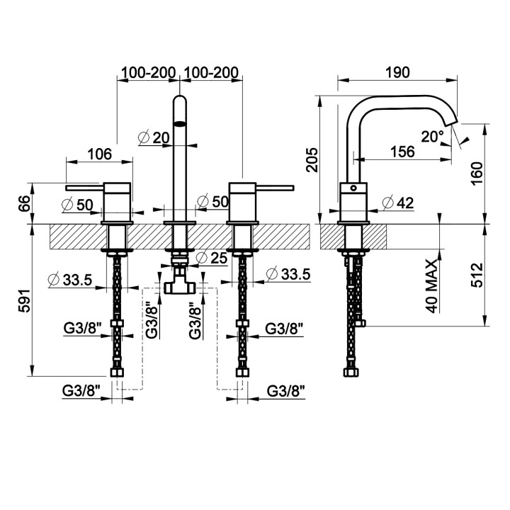 Bateria umywalkowa 3-otworowa Gessi Cesello, stojąca, wysokość 273mm, bez korka, stal szczotkowana