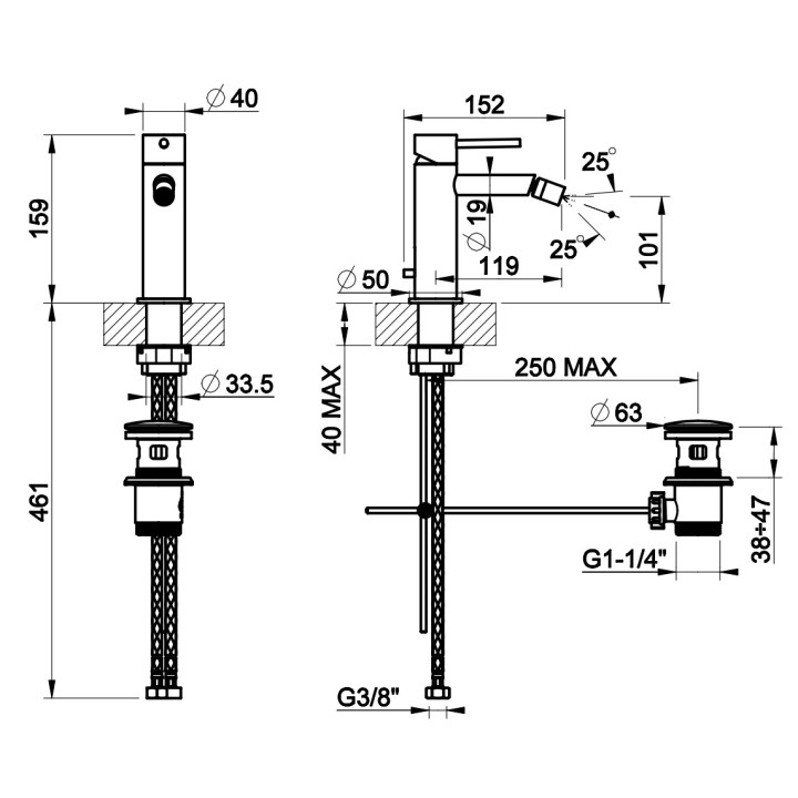 Bateria bidetowa Gessi Meccanica, stojąca, wysokość 159mm, korek automatyczny, stal szczotkowana