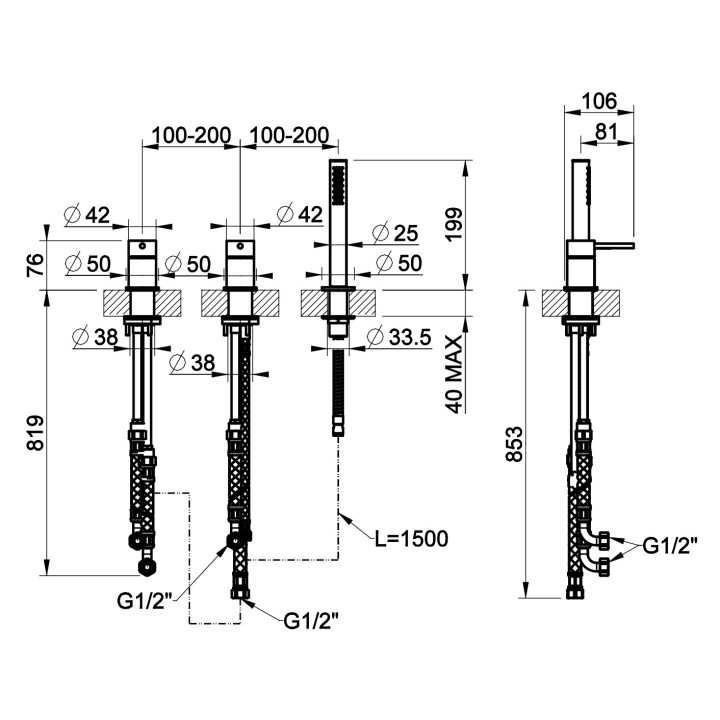 Bateria wannowa 3-otworowa Gessi Bath316, stojąca, do łączenia z napełnianiem przez przelew, zestaw natryskowy, stal szczotkowan