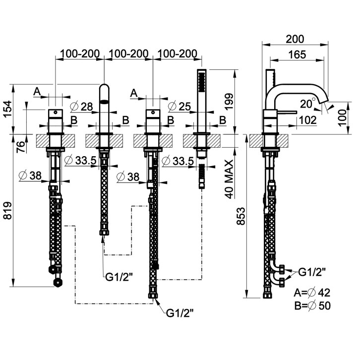 Bateria wannowa 3-otworowa Gessi Bath316, stojąca, do łączenia z napełnianiem przez przelew, zestaw natryskowy, stal szczotkowan
