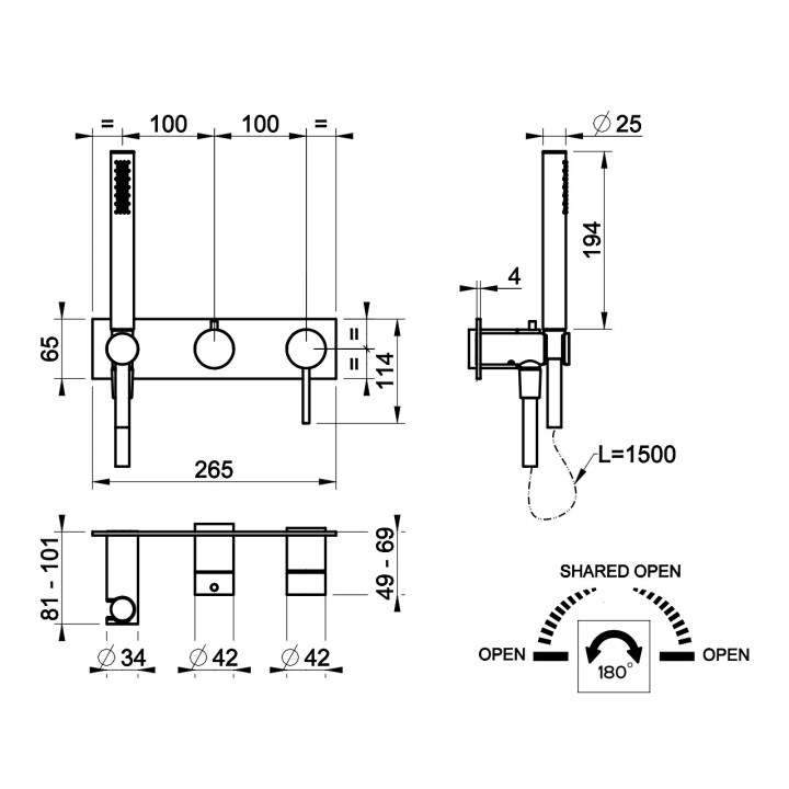 Bateria natryskowa Gessi Anello, podtynkowa, 2 wyjścia wody, zestaw natryskowy, chrom