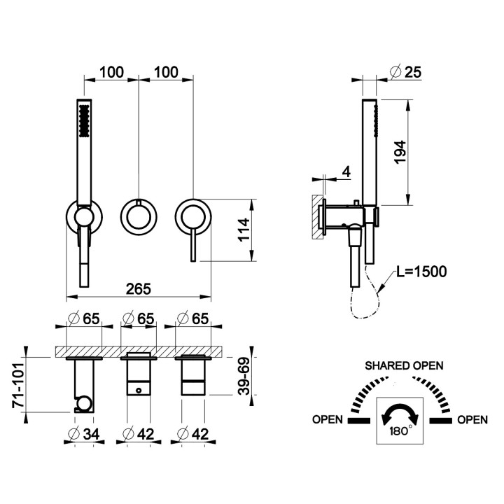 Bateria natryskowa Gessi Shower316, podtynkowa, 2 wyjścia wody, zestaw natryskowy, stal szczotkowana