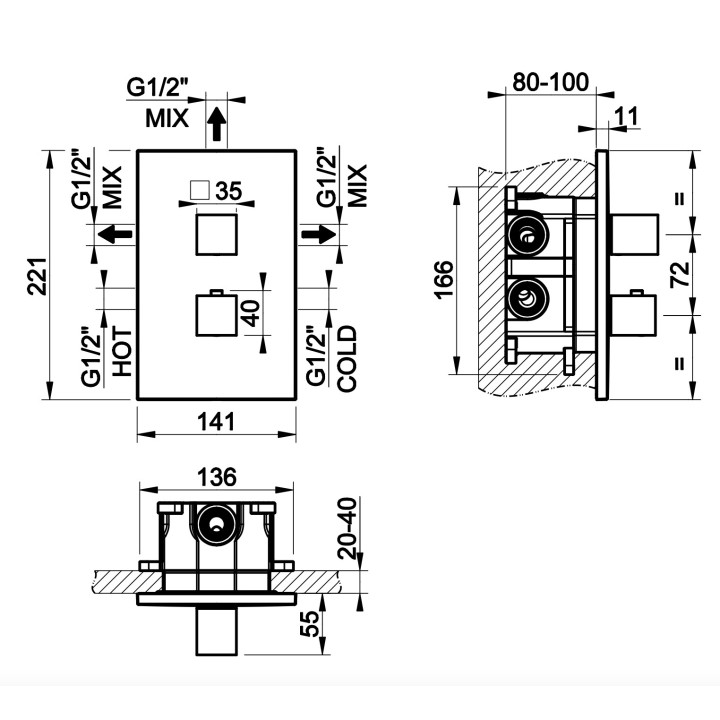 Termostatyczna bateria natryskowa Gessi Rettangolo Shower, podtynkowa, 2 wyjścia wody, chrom