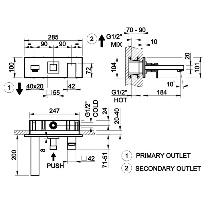 Bateria wannowo-natryskowa Gessi Rettangolo Shower, podtynkowa, 2 wyjścia wody, przełącznik, chrom