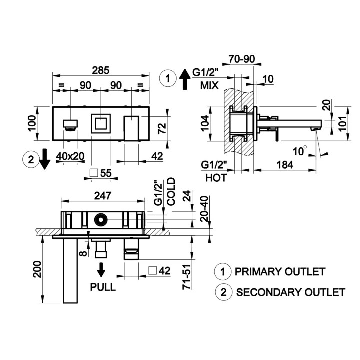 Bateria wannowo-natryskowa Gessi Rettangolo Shower, podtynkowa, 2 wyjścia wody, krótka wylewka, chrom