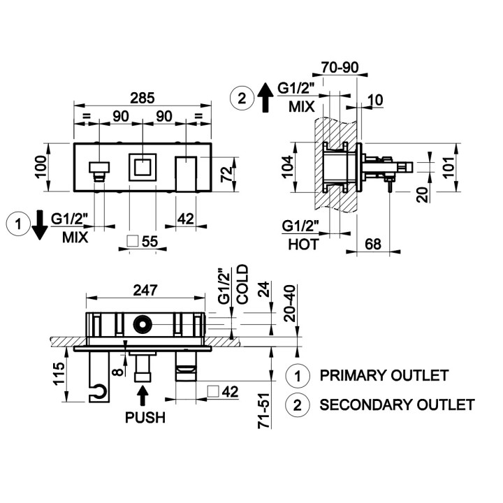 Bateria wannowo-natryskowa Gessi Rettangolo Shower, podtynkowa, 2 wyjścia wody, krótka wylewka, przełącznik wciskany, chrom