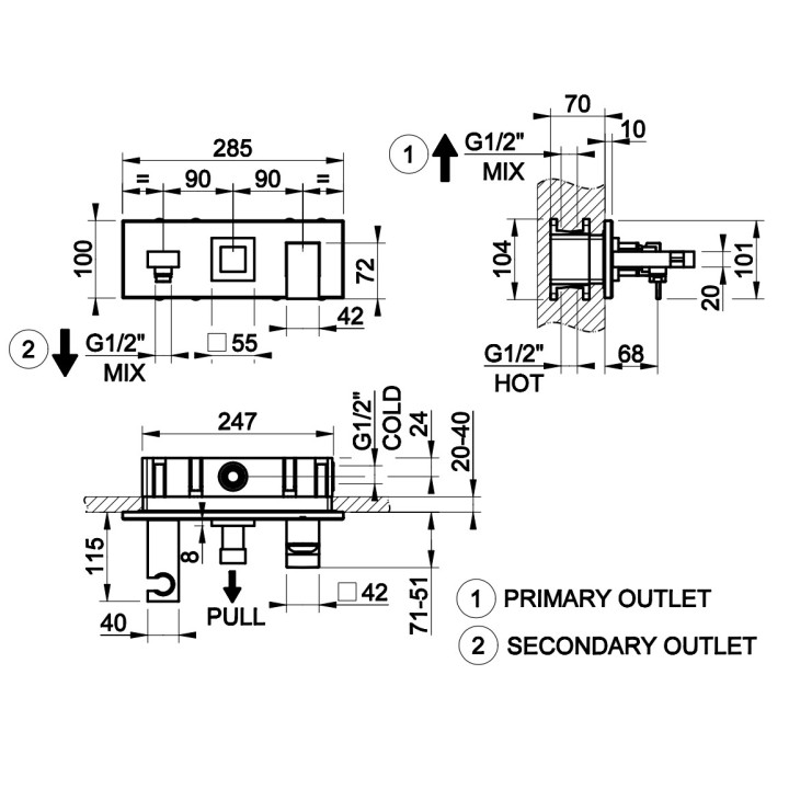 Bateria natryskowa Gessi Rettangolo Shower, podtynkowa, 2 wyjścia wody, przełącznik wciskany, chrom