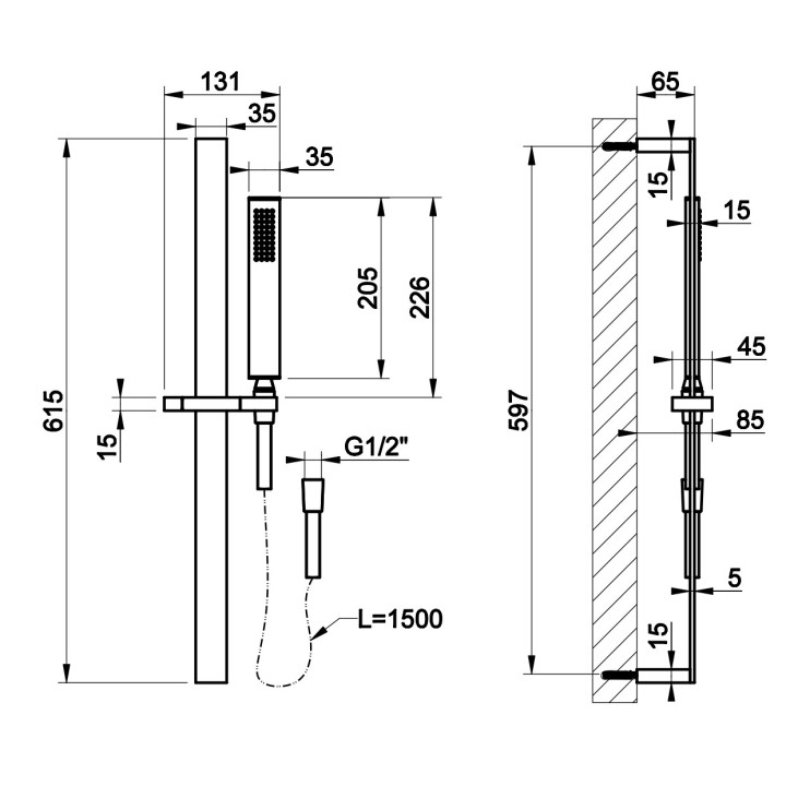 Drążek prysznicowy Gessi Shower316, z słuchawką 1-funkcyjną i wężem, stal szczotkowana