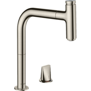Bateria kuchenna Hansgrohe Metris Select M71, 2-otworowa, stojąca, wysokość 320mm, wyciągana wylewka, stal szlachetna 