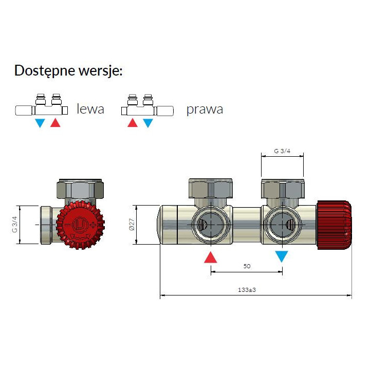 Zestaw zintegrowany termostatyczny kątowy Terma Twins All In One, lewy - biały połysk