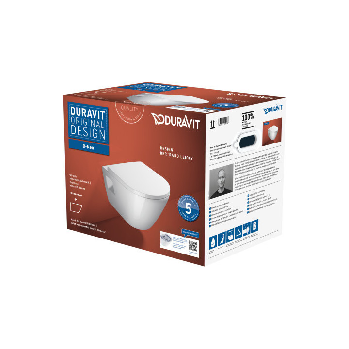 Miska toaletowa wisząca Duravit D-Neo Rimless, 54x37cm, bez rantu spłukującego, 4,5 l, UWL klasa 1, biała