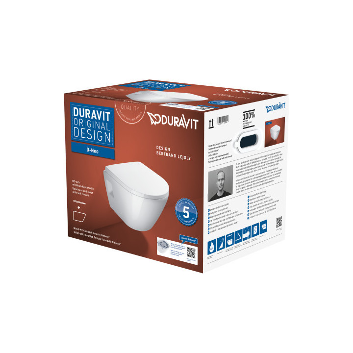 Miska toaletowa wisząca Duravit D-Neo Rimless, 54x37cm, bez rantu spłukującego, 4,5 l, UWL klasa 1, biała