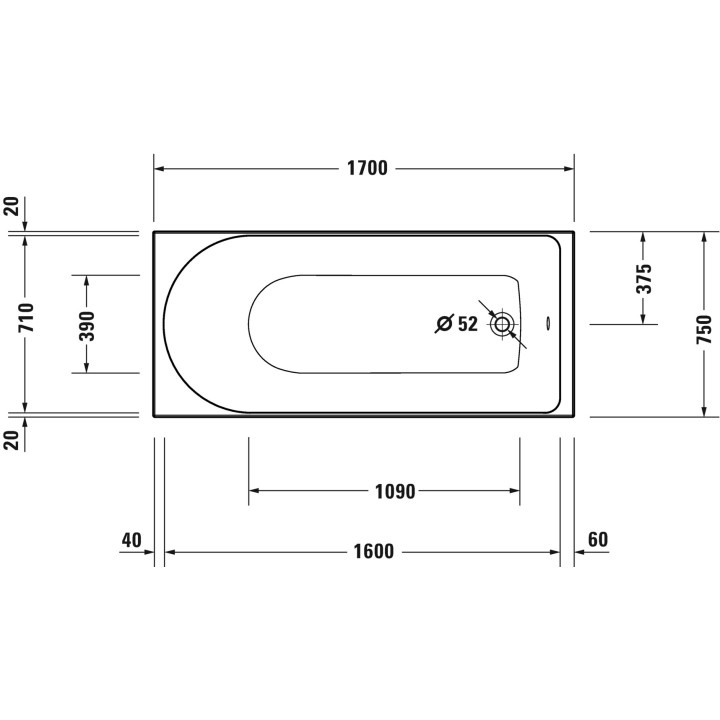 Wanna prostokątna Duravit D-Neo, 170x70cm, akrylowa, 1 oparcie ukośnie, biała