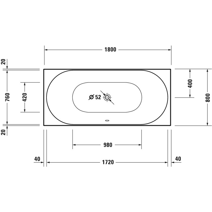 Wanna prostokątna Duravit D-Neo, 180x80cm, akrylowa, 1 oparcie ukośnie, biała