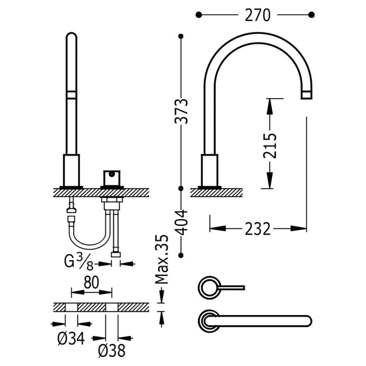 Dwuuchwytowa bateria umywalkowa Tres Study-Colors, stojąca, wysokość 373mm, wykończenie 24k złoty