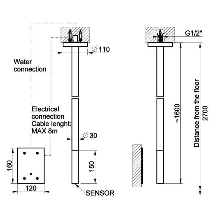 Zewnętrzna część baterii elektronicznej Gessi Annelo, wylewka sufitowa, sterowanie pod umywalką, Brushed Brass PVD