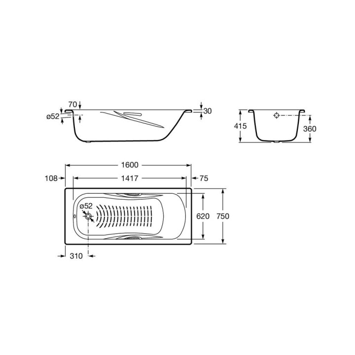 Wanna prostokątna Roca Princess, 160x75cm, stalowa, powierzchnia antypoślizgowa, biała 