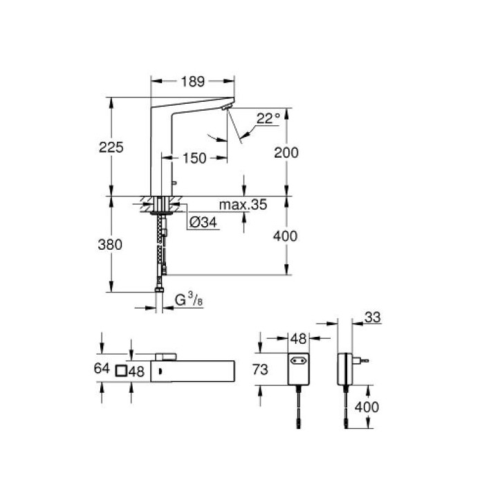 PYTAJ O RABAT ! Bateria umywalkowa Grohe Eurocube stojąca, wys. 186 mm, z korkiem, chrom, jednootworowa, brak ogranicznika przep