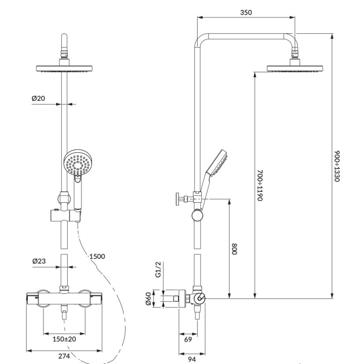 Termostatyczny zestaw natryskowy Omnires Y, natynkowy, 2 wyjścia wody, złoty