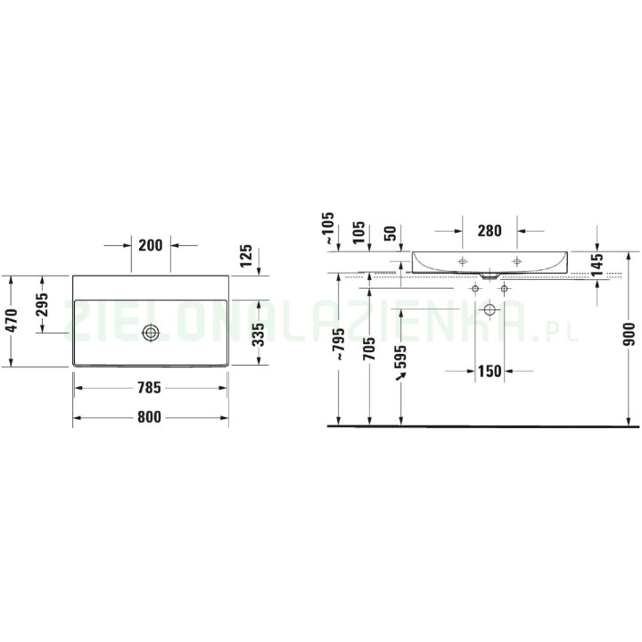 Umywalka meblowa Duravit DuraSquare, 80x47,  z otworem na baterię, biała