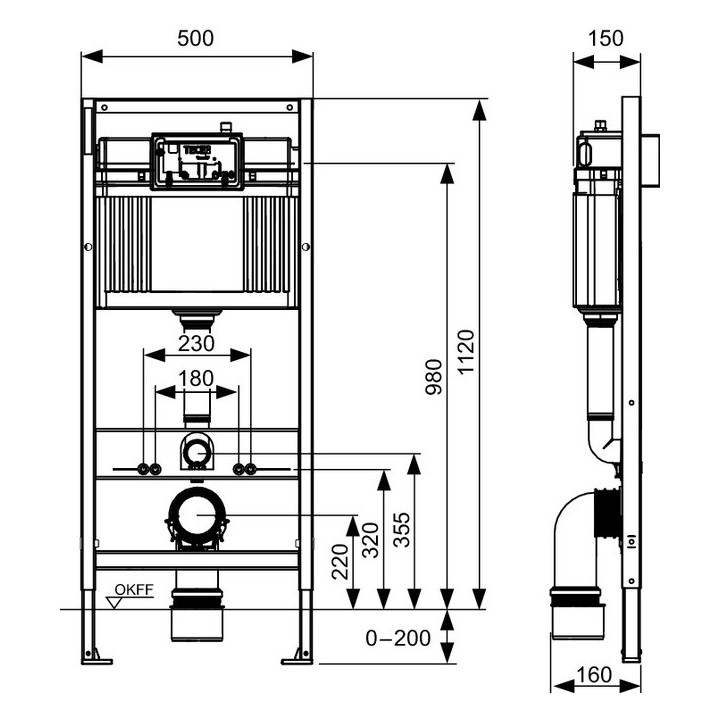 Uniwersalny stelaż podtynkowy WC TECEbase, wysokość 1120mm, spłuczka uruchamiana z przodu lub z góry