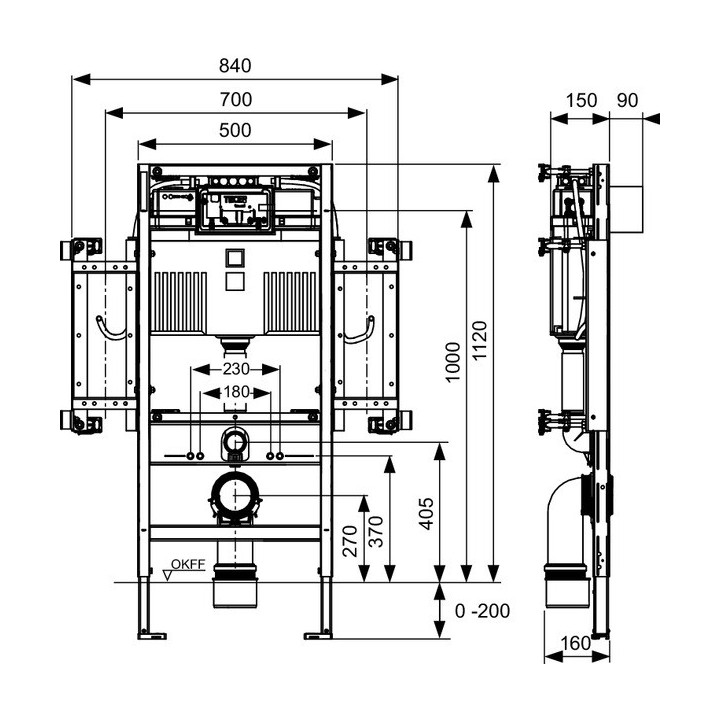 Uniwersalny stelaż podtynkowy WC TECEprofil, wysokość 1120mm, ze spłuczką uruchamianą z przodu